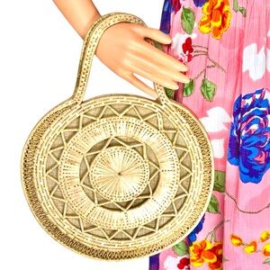 Vintage Hand-Woven Straw Raffia Handbag Natural Geo Sun Beach Bag Boho Coastal
